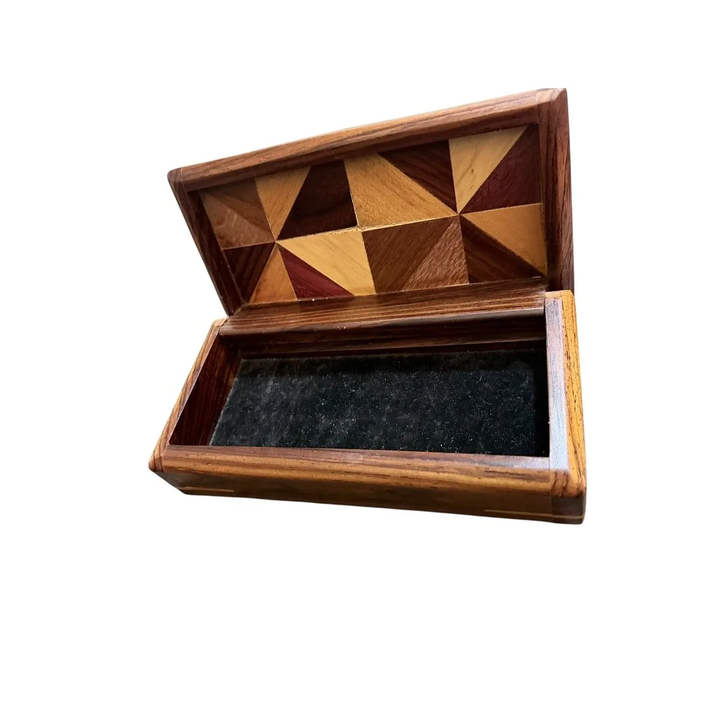 Boho Marquetry Wood Inlay Trinket Box Brown Geometric Parquetry Lined